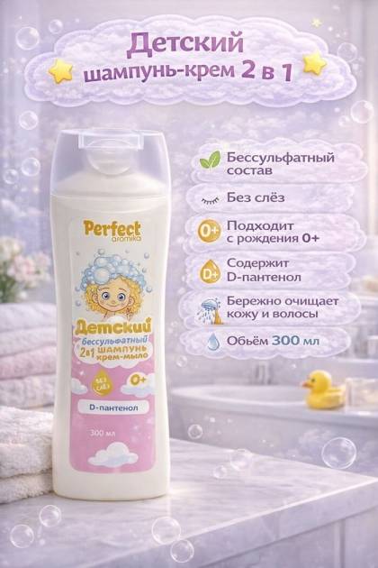 Шампунь Детский Бессульфатный 2в1 Perfect Aromika 0+ 300мл