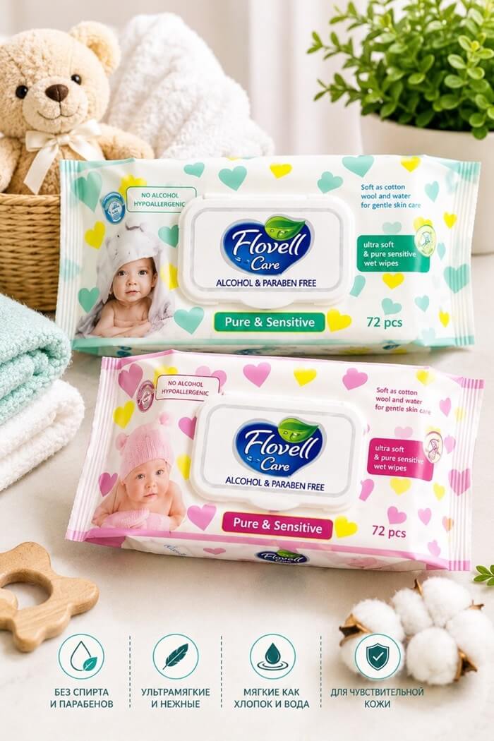 Влажные салфетки Flovell care 72шт (Цвет: Розовый)