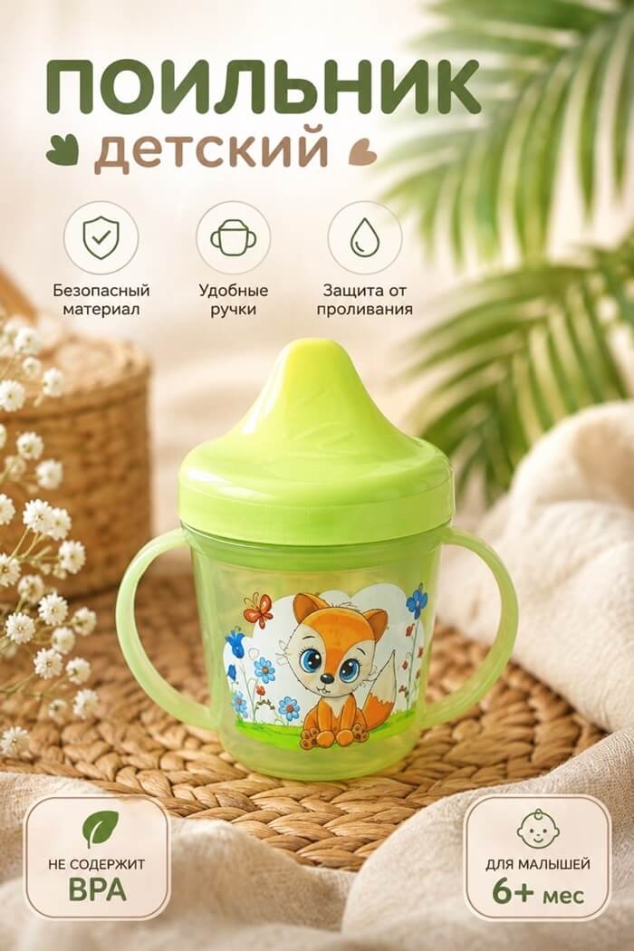 Поильник пластик с ручками Бусинка 6мес+ 200мл (Цвет: Зеленый)