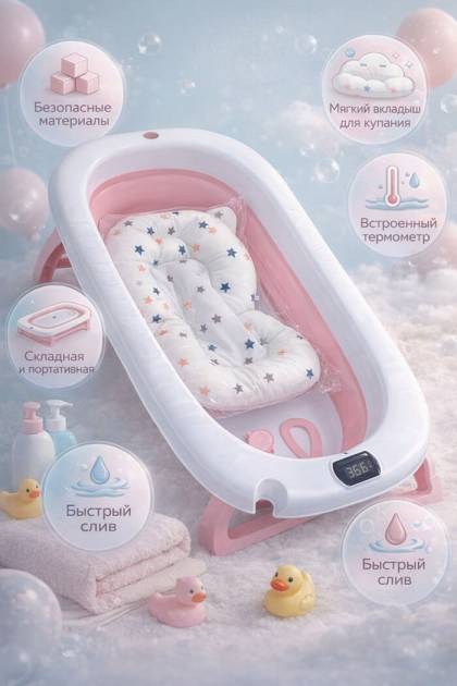 Ванночка с термометром розовая