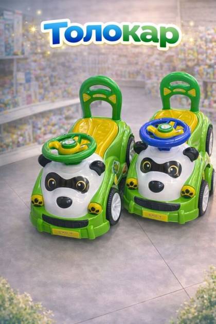 Машинка толокар Панда (Цвет: Зеленый, Рисунок: Синий руль)