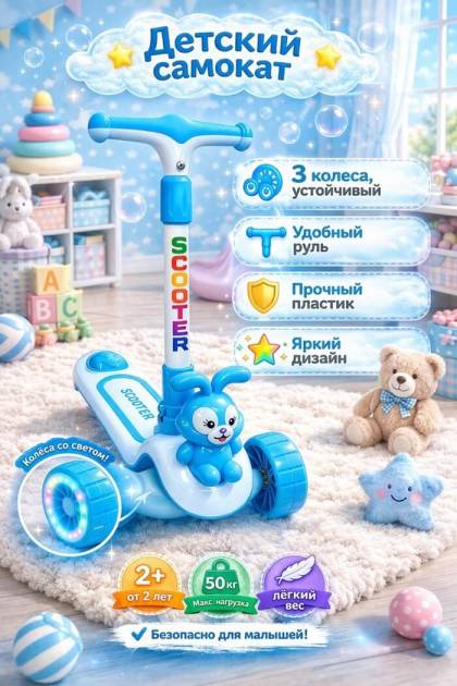 Самокат детский голубой