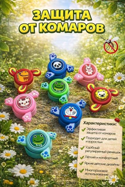 Браслет от комаров Зверята (Цвет: Синий, Рисунок: Панда)