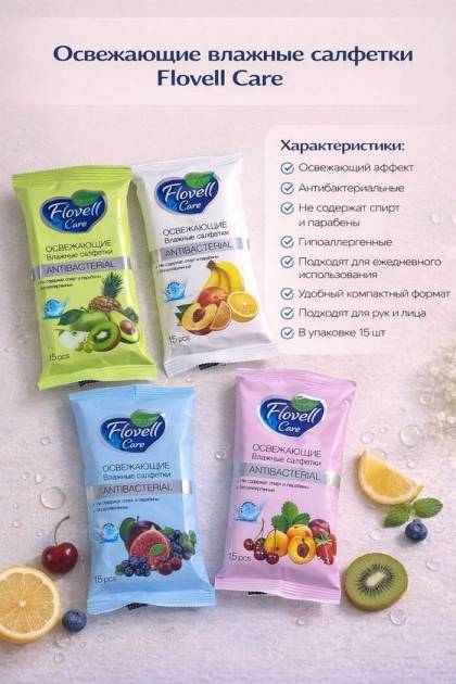 Влажные салфетки Flovell care 15шт Фрукты (Цвет: Розовый)