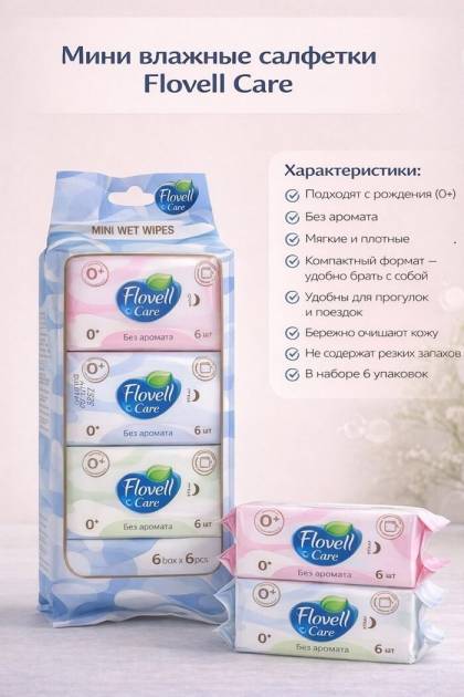 Влажные салфетки Flovell care 6*6шт Ассорти
