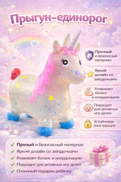 Резиновый прыгунок Единорог со звёздочками
