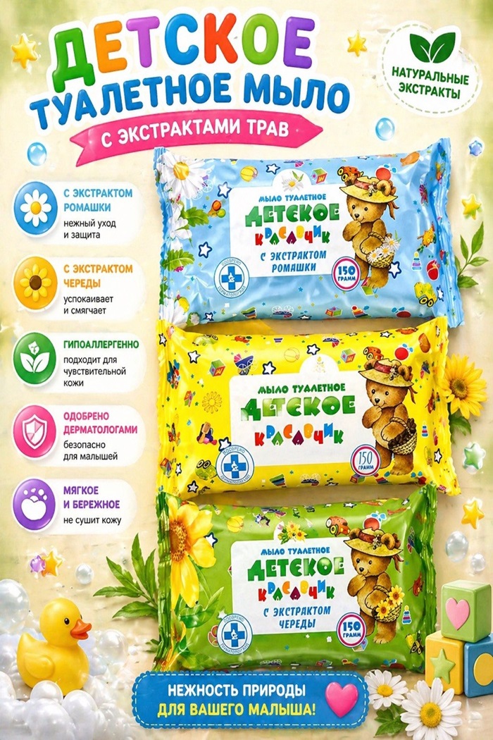Мыло туалетное детское Красавчик 150 гр (Цвет: Зеленый, Рисунок: Мишка  с чередой)