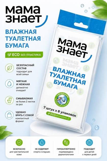 Влажная туалетная бумага Мама знает 7шт 8 уп.