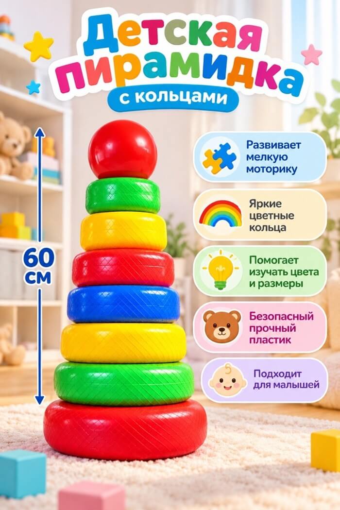 Пирамидка детская с кольцами