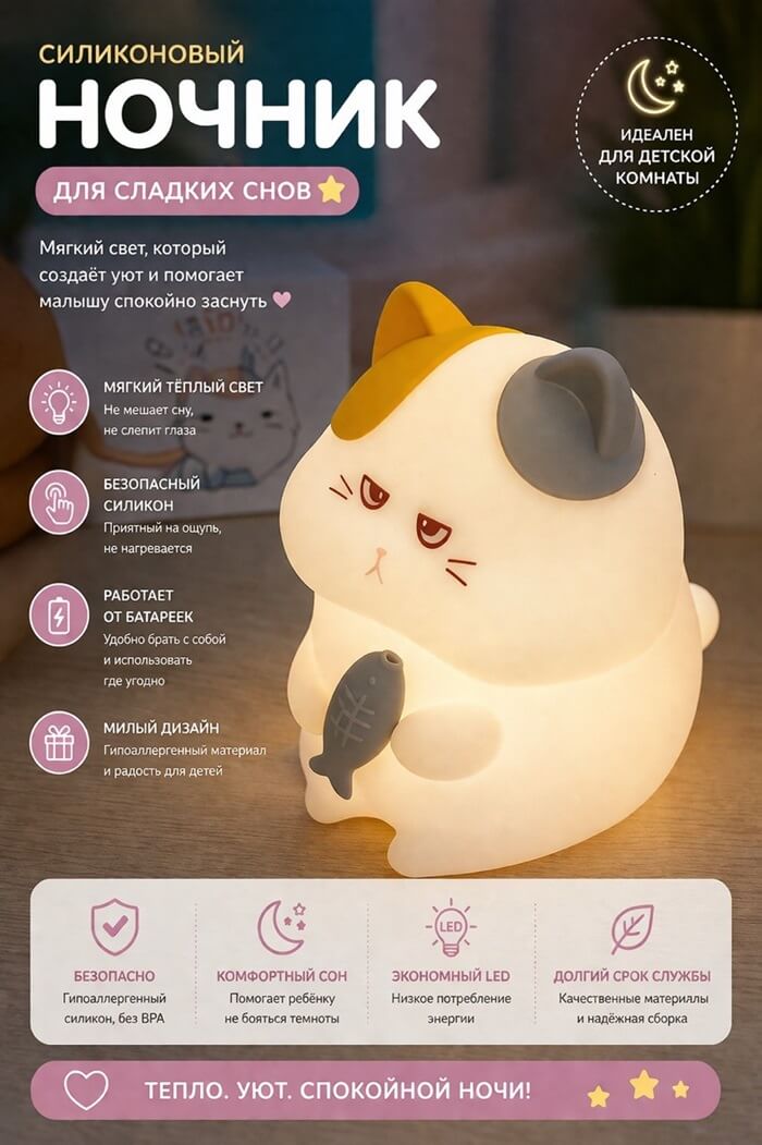 Светильник Силикон Кот с рыбкой (Меняет цвета)