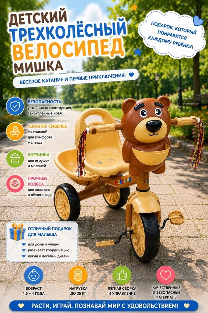 Велосипед детский трёхколёсный Мишутка