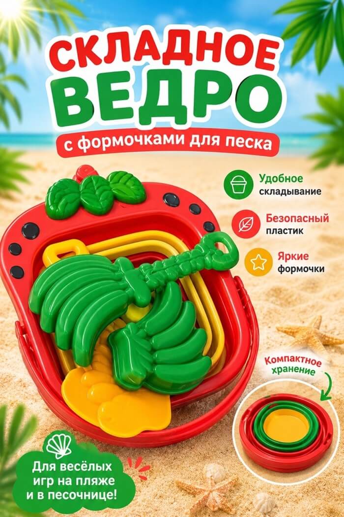 Складное ведёрко с формочками для песка  Клубничка
