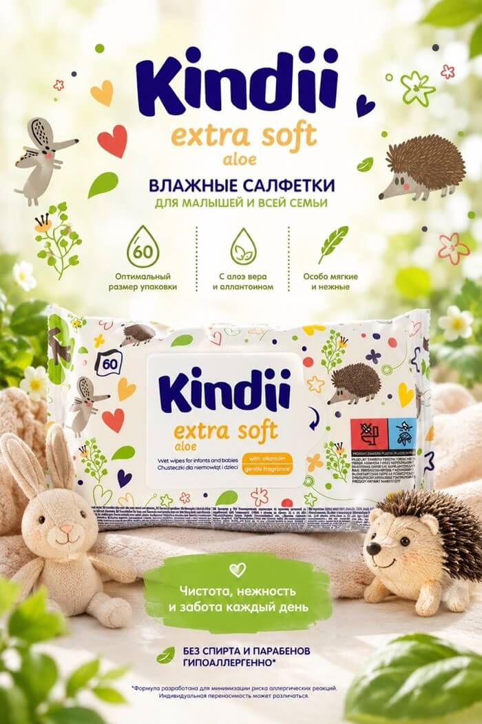 Влажные салфетки Kindii 60 шт