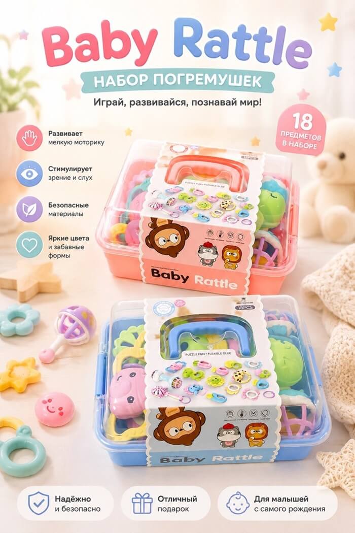 Набор погремушек-грызунков  18 предметов (Цвет: Розовый)