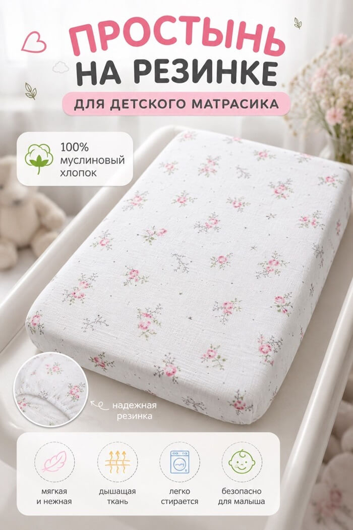 Простынь на резинке муслин  Цветы